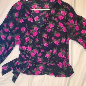 EUC Black and Pink Roses Kimono Top